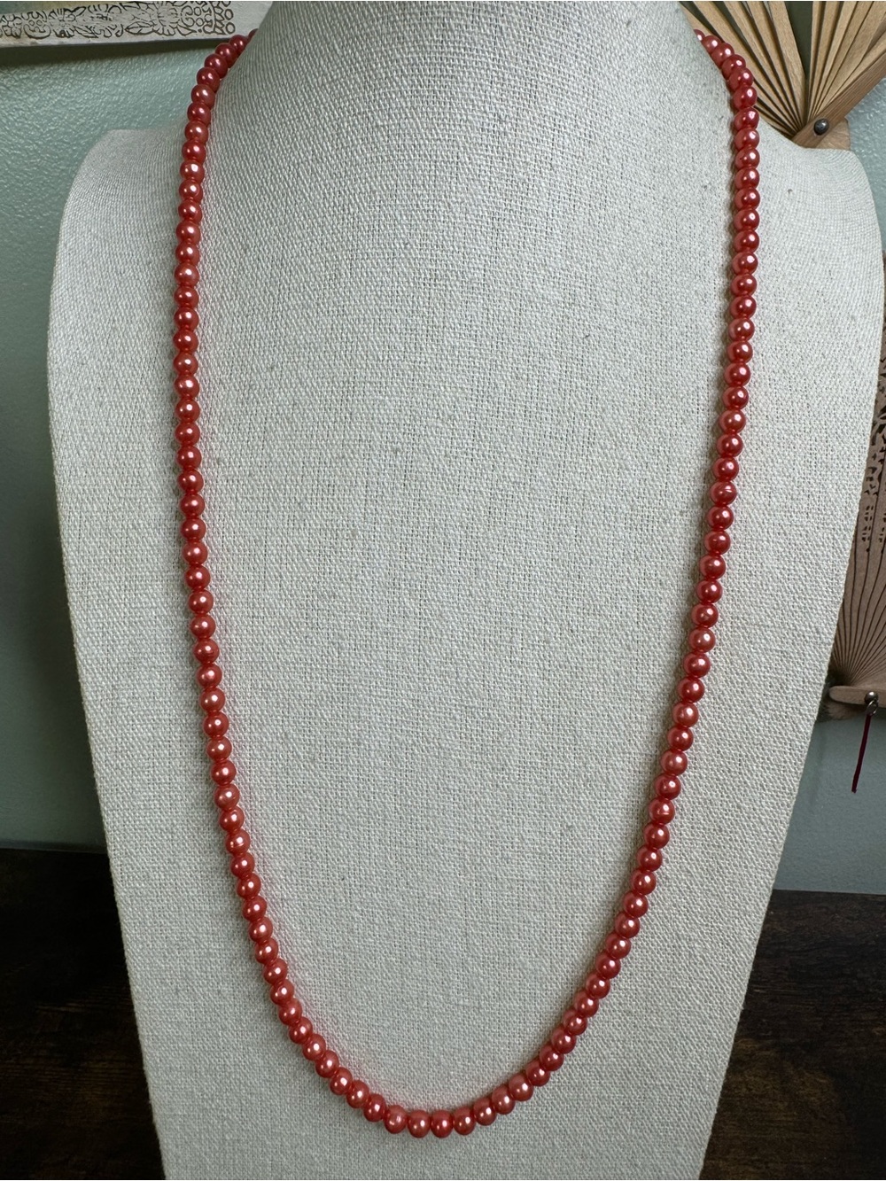 Red Coral Toned Vintage Strand of Glass Pearls